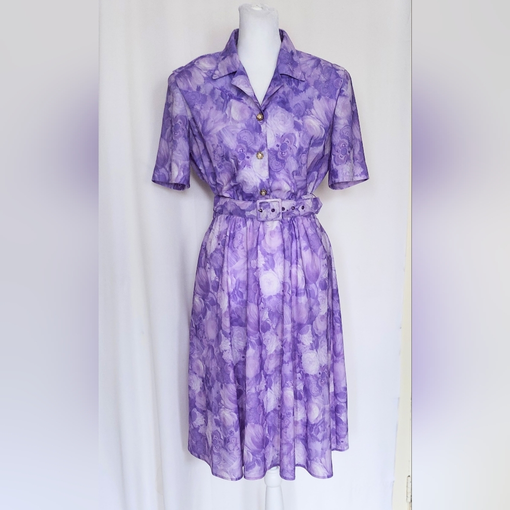 California Looks Vintage Short Sleeve Purple Floral Belted Dress Petite 8P